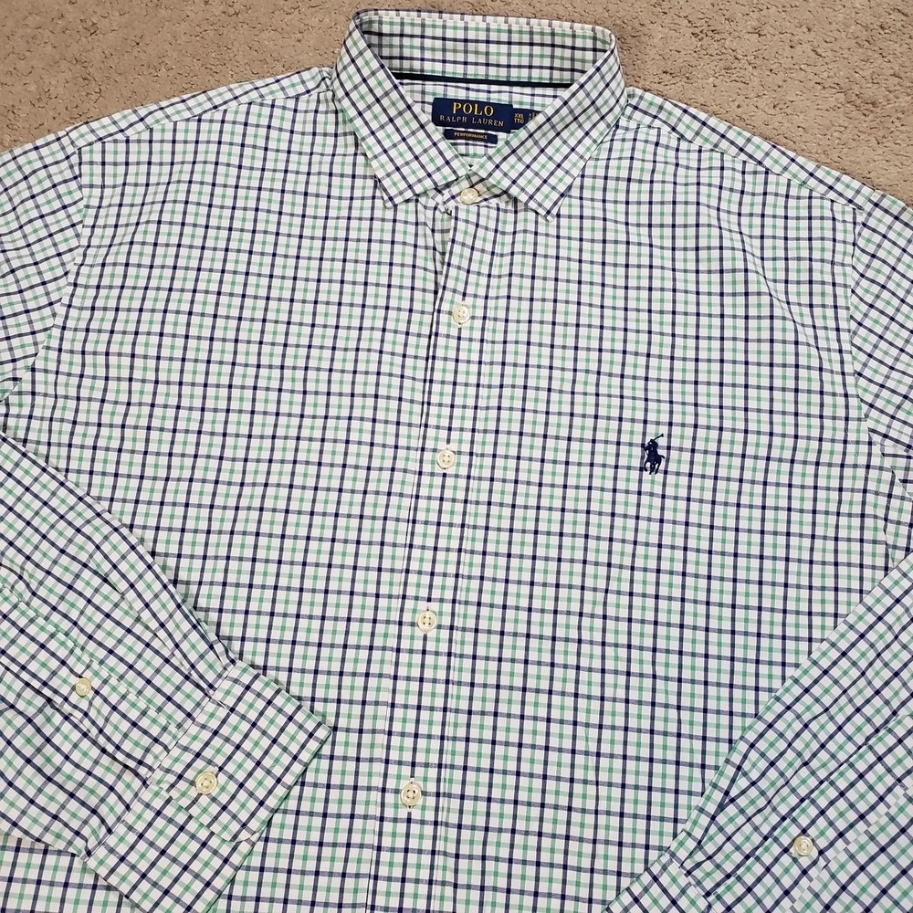 Ralph Lauren Performance Shirt Men XXL White Blue Green Gingham Plaid Button Up‎